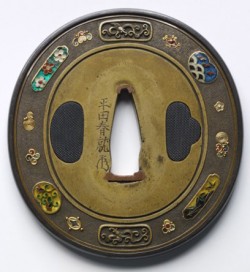Sword hand guard (tsuba) Japan About 1800 Brass, copper alloy, gold wires, cloisonné enam ...