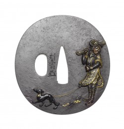 An iron tsuba
Nara School, 18th century
Of oval form, inlaid in iroe takazogan with a foreigner  ...