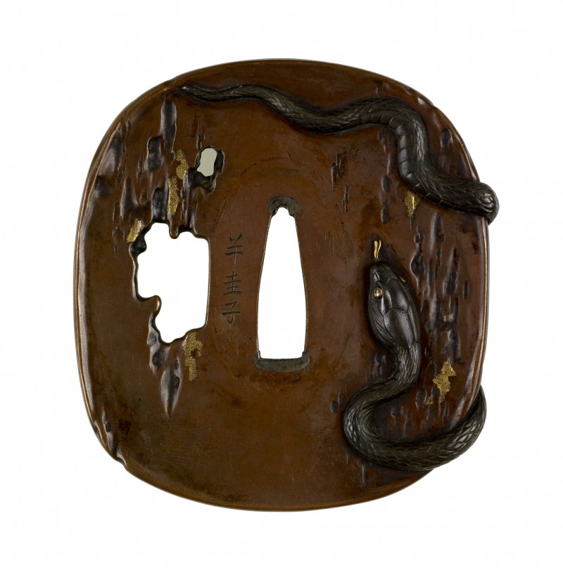 Hamano Shôzui – Tsuba with a Snake on Tree Trunk