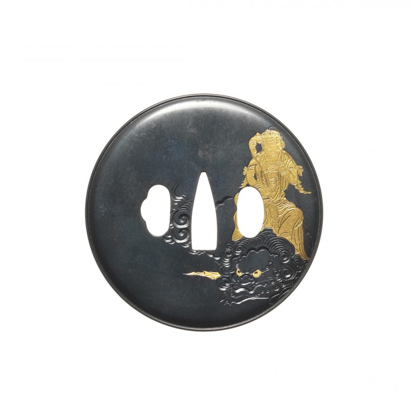 A shakudo tsuba
By Yanagawa Morihira (1899-1971), after Unno Shomin, 20th century
Of circular fo ...