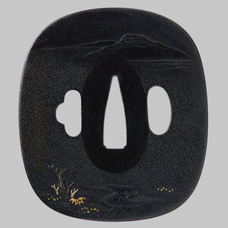 A beautiful shakudo Tsuba by Uchikoshi Hiromitsu. The scenery is beautifully worked in shakudo,  ...