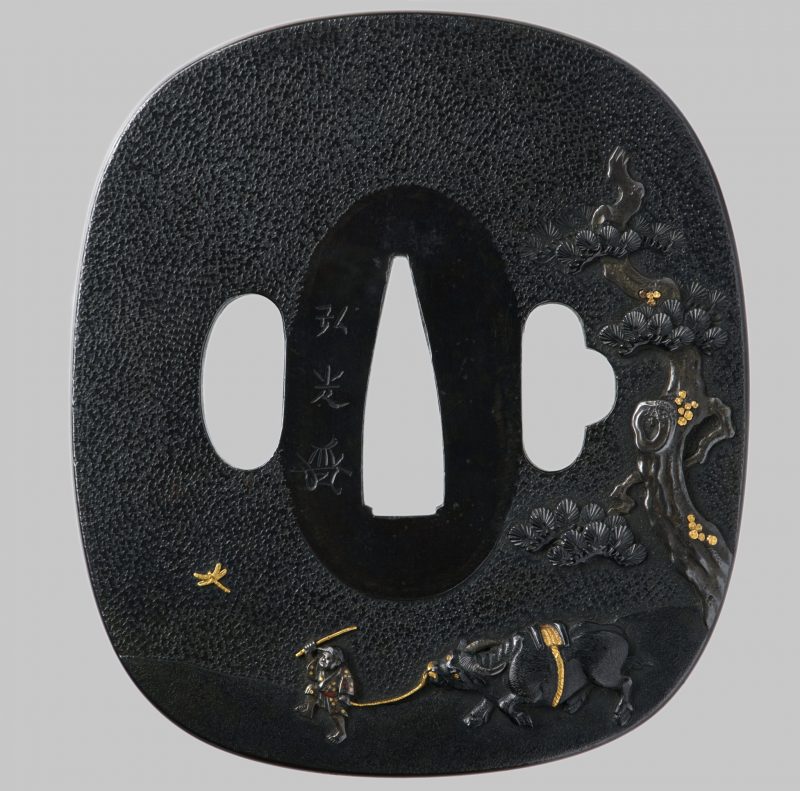 A beautiful shakudo Tsuba by Uchikoshi Hiromitsu. The scenery is beautifully worked in shakudo,  ...