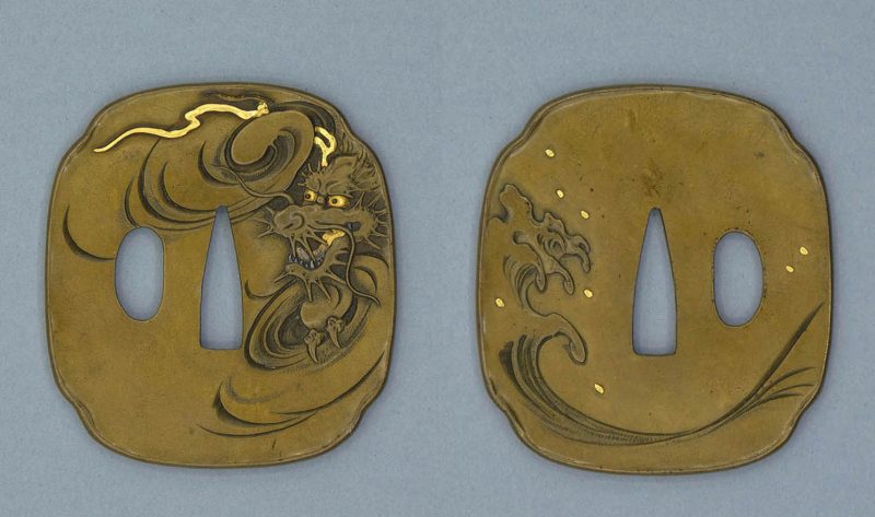 Brass dragon tsuba made in Otsuki School style.
