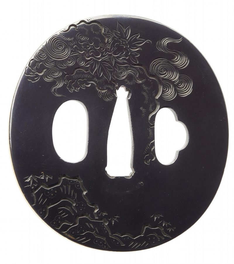 A Yokoya school shakudô tsuba. 18th century

Of oval shape with gilt rim. On migakiji a jumping  ...