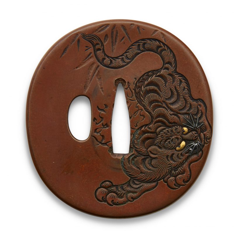 A Sekibun tsuba
By Yurakusai Sekibun, Edo period (19th century)
The oval, concave, copper plate  ...