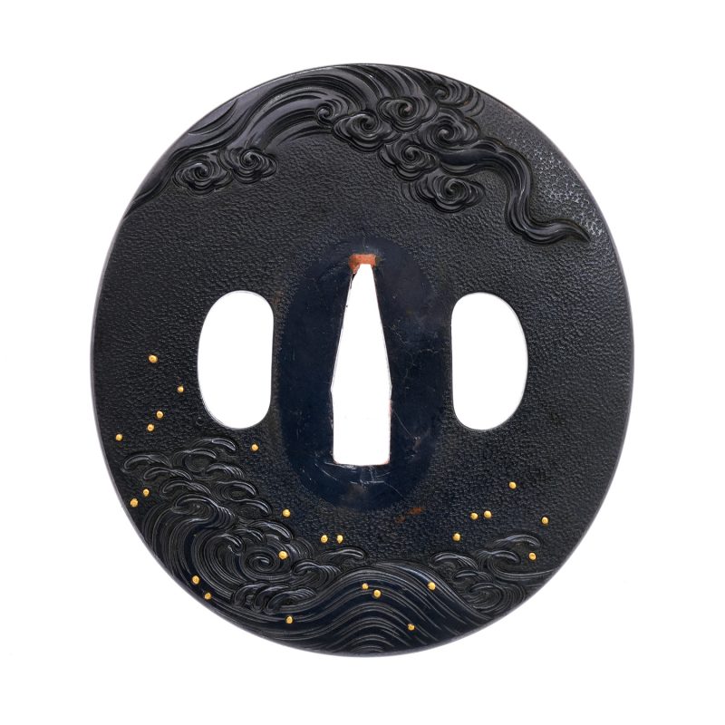 Tsuba with Wave Design
Unsigned (Mumei)
Height: 79.8 mm / Width: 73.1 mm / Seppa-dai thickness:  ...