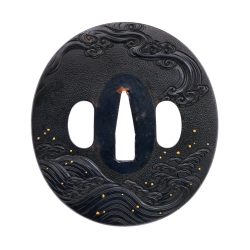 Tsuba with Wave Design
Unsigned (Mumei)
Height: 79.8 mm / Width: 73.1 mm / Seppa-dai thickness:  ...