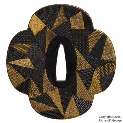 This one is still a bit of a head scratcher.  This mokko shaped tsuba measures 82.8mm(H) X 78.5m ...