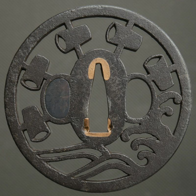 Tsuba: suisha — waterwheel with buckets, wave/river below
Shape: maru-gata
Dimensions: 78 × 78 × ...