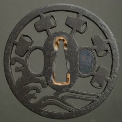 Tsuba: suisha — waterwheel with buckets, wave/river below
Shape: maru-gata
Dimensions: 78 × 78 × ...