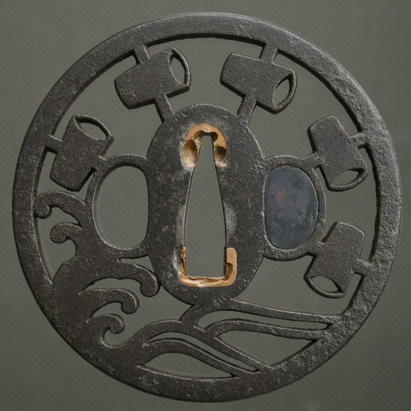 Tsuba: suisha — waterwheel with buckets, wave/river below
Shape: maru-gata
Dimensions: 78 × 78 × ...