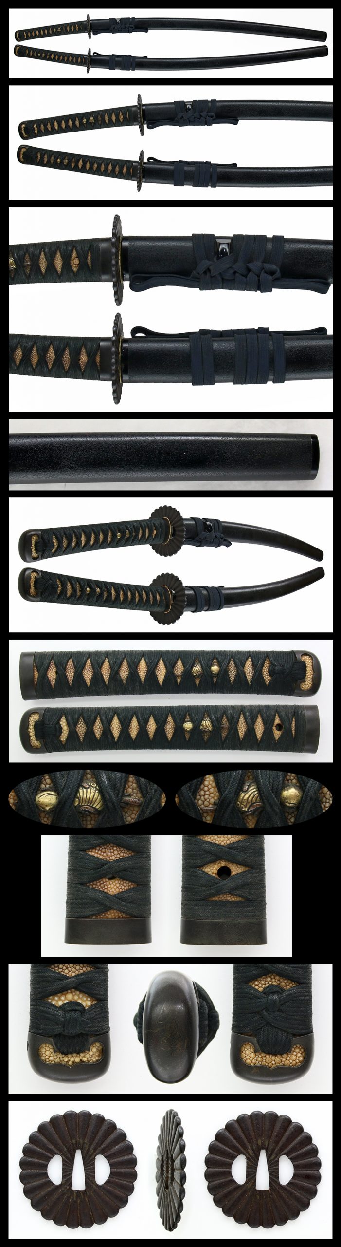 Koshirae :
Tsuba : Chrysanthemum design iron tsuba with inlay.
Fuchikashira : Shakudo plate
Saya ...