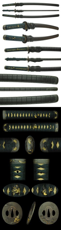 Koshirae :
Tsuba :　Shakudou based tsuba with design of a warrior engraved with gold inlay.
Fuch ...