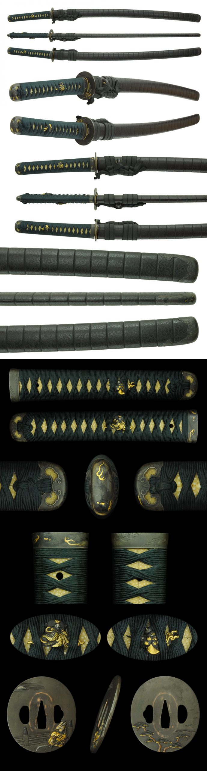 Koshirae :
Tsuba :　Shakudou based tsuba with design of a warrior engraved with gold inlay.
Fuch ...