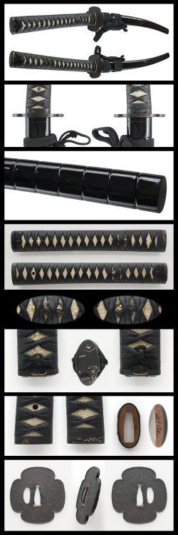 Koshriae：
Tsuba：Mokko shape iron Tsuba.
Fuchikashira：Shakudo nanako, tea ware is engraved wit ...
