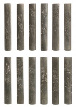 A rare set of twelve shibuichi kozuka with erotic motifs
After Otsuki Mitsuoki (1766-1834), Kyot ...