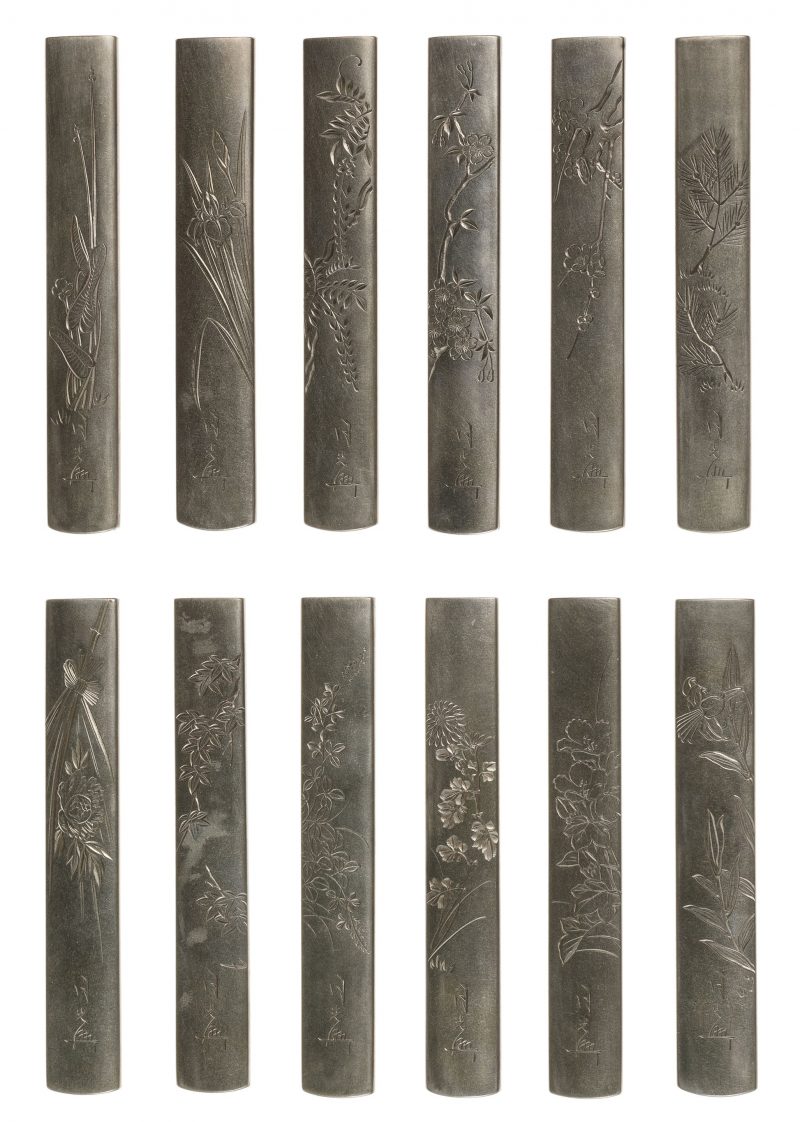 A rare set of twelve shibuichi kozuka with erotic motifs
After Otsuki Mitsuoki (1766-1834), Kyot ...