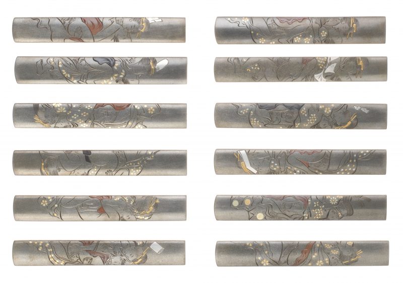 A rare set of twelve shibuichi kozuka with erotic motifs
After Otsuki Mitsuoki (1766-1834), Kyot ...