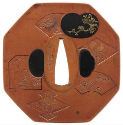 江戸後期　筑前国
素銅石目地八角形
鋤彫色絵打返耳
縦八一･五㍉　
横七八･七㍉　
切羽台厚さ四㍉
上製 ...