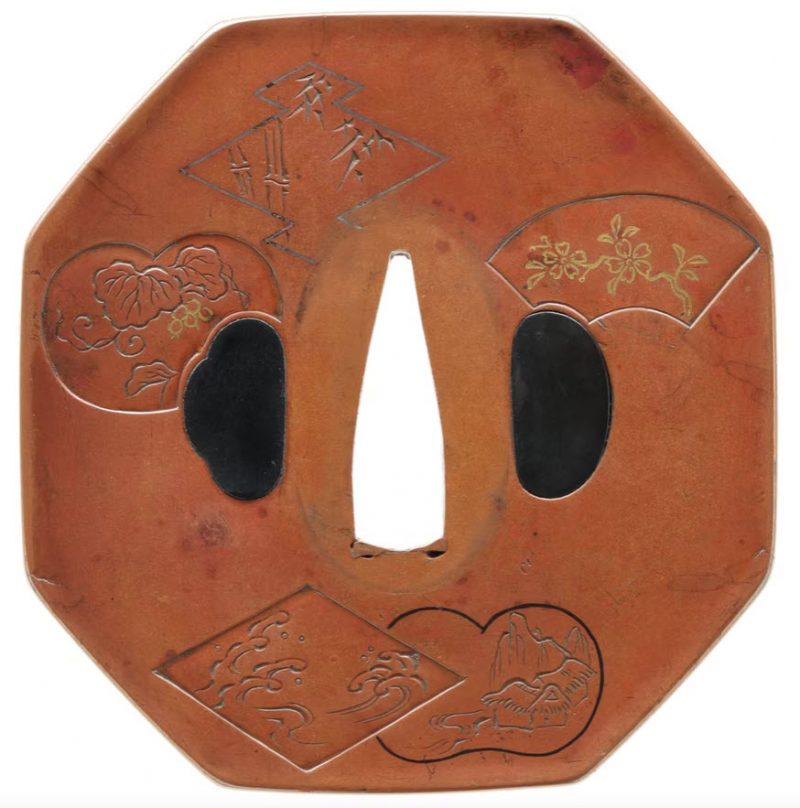 江戸後期　筑前国
素銅石目地八角形
鋤彫色絵打返耳
縦八一･五㍉　
横七八･七㍉　
切羽台厚さ四㍉
上製 ...