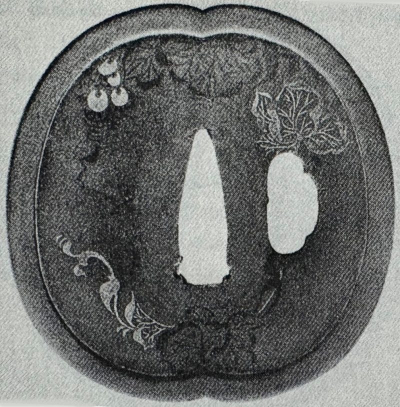 “Budō-mon no zu tsuba”

Signed “Umeta Myōju”

futatsū-mokkōgata, polished suaka, hira-zōgan, iro ...