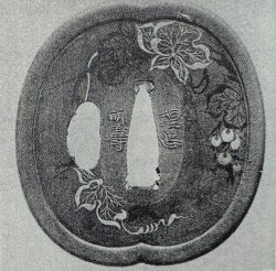 “Budō-mon no zu tsuba”

Signed “Umeta Myōju”

futatsū-mokkōgata, polished suaka, hira-zōgan, iro ...