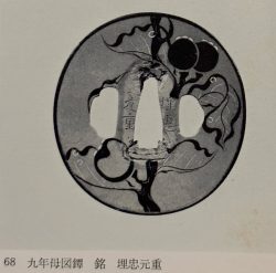 Transcription (romaji)

九年母図鐔 (Kunenbo-zu tsuba)

銘 埋忠元重 (Mei: Umetada Motoshige)

Tra ...