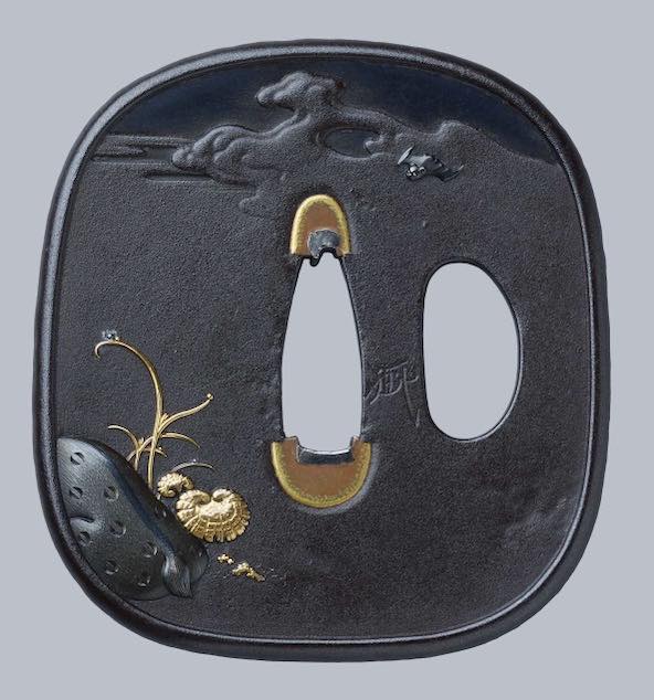 Juyo tsuba by Ryuseimin (Tanaka Toshinori) is elegantly forged in iron.  The shakudo night sky i ...