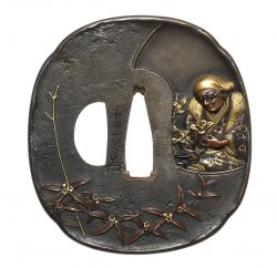 A shibuichi tsuba
Attributed to Funada Ikkin (1812-1863), dated 1843
Of rounded rectangular form ...