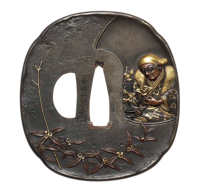 A shibuichi tsuba
Attributed to Funada Ikkin (1812-1863), dated 1843
Of rounded rectangular form ...