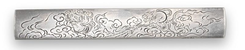 a courtesan and servant holding an umbrella on the reverse sheltering from a storm blown down by ...